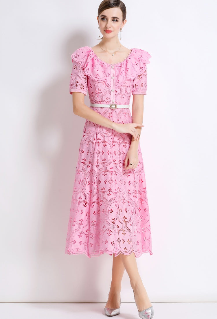 CM-DY049894 Women Elegant European Style Hollow Out Embroidery Short Sleeve Belted Mid-Length Lace Dress - Pink