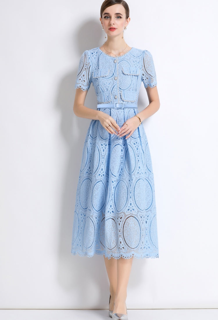 CM-DY049895 Women Elegant European Style Round Neck Short Sleeve Lace Belted Mid-Length Dress - Blue