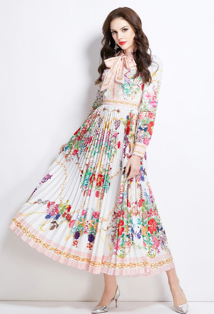 CM-DY049995 Women Elegant European Style Floral Print Tie Neck Long Sleeve Pleated Maxi Dress - White