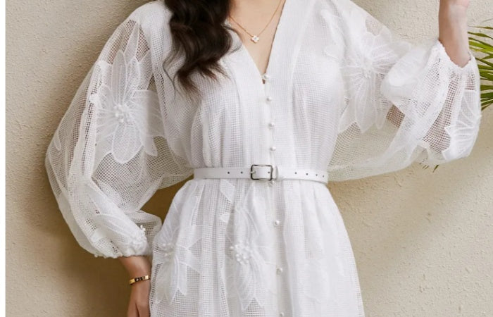 CM-DY050211 Women Elegant European Style Lace V-Neck Puff Sleeve Mid-Length Dress - White