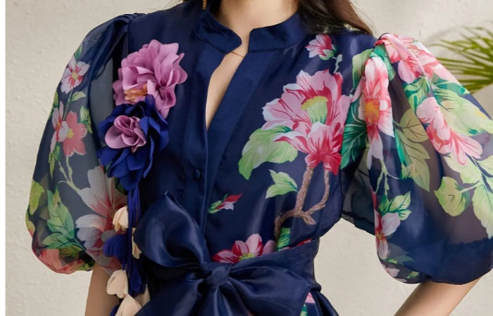 CM-DY050215 Women Elegant European Style Floral Print Round Neck Puff Sleeve Long Dress - Navy Blue