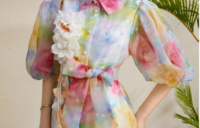 CM-DY050216 Women Elegant European Style Floral Print Lapel Neckline Puff Sleeve Long Dress