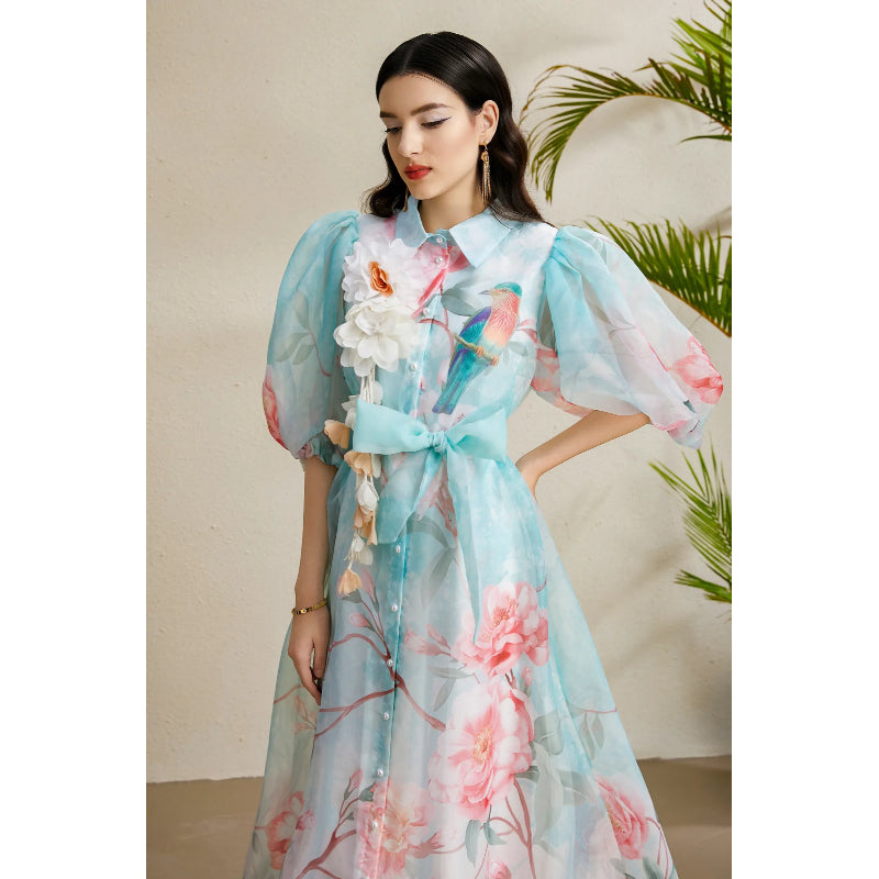 CM-DY050219 Women Elegant European Style Floral Print Lapel Neckline Puff Sleeve Long Dress