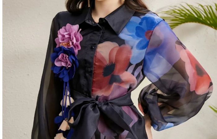 CM-DY050224 Women Elegant European Style Floral Print Lapel Lantern Sleeve Long Dress - Black