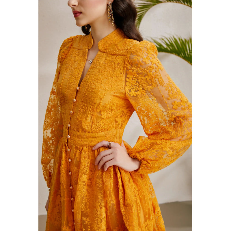 CM-DY050252 Women Elegant European Style Embroidery V-Neck Lantern Sleeve Short Dress - Yellow