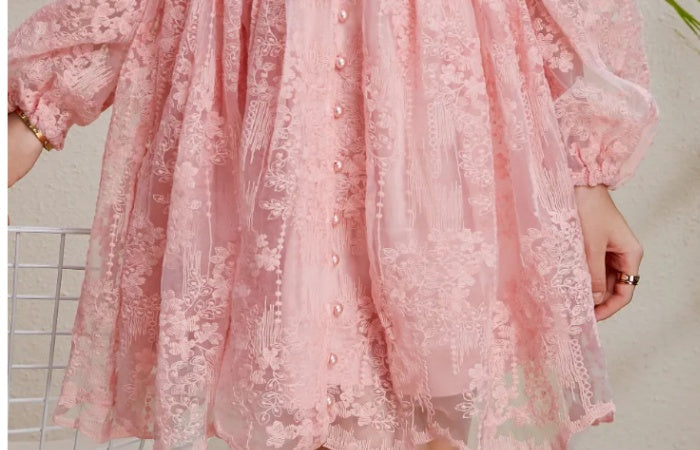 CM-DY050253 Women Elegant European Style Embroidery V-Neck Lantern Sleeve Short Dress - Pink