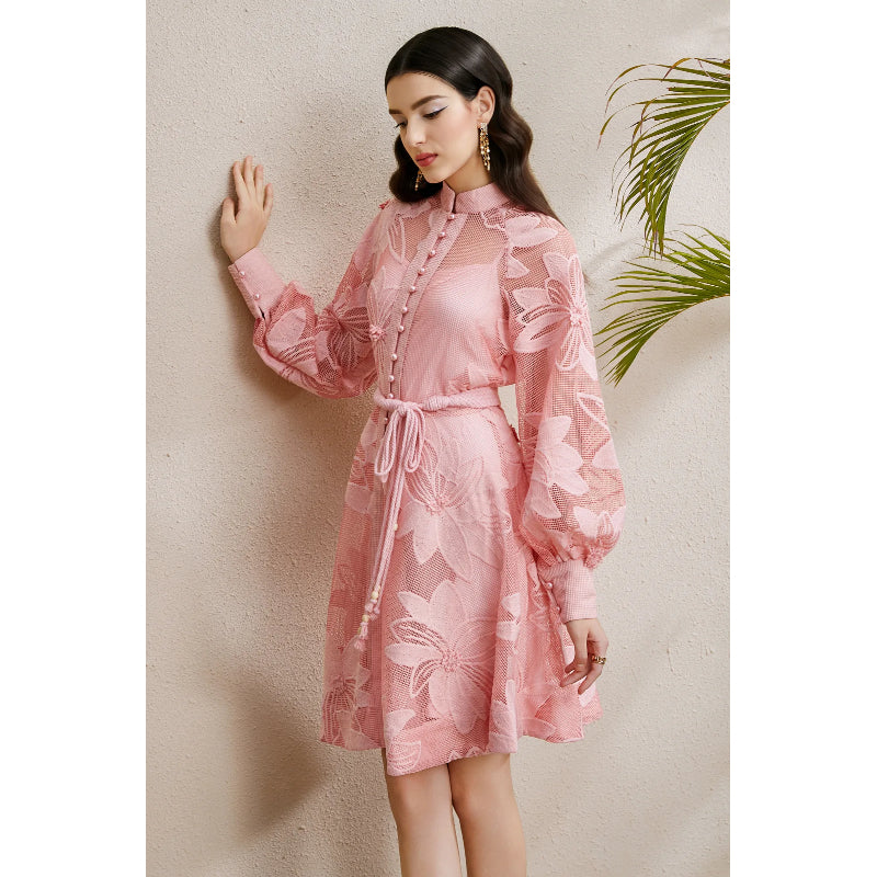 CM-DY050254 Women Elegant European Style Lace Stand Collar Lantern Sleeve Belted Mini Dress - Pink