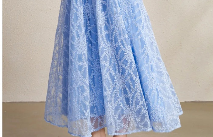 CM-DY050256 Women Elegant European Style V-Neck Lantern Sleeve Embroidery Long Dress - Sky Blue