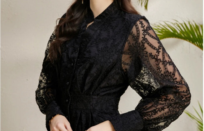 CM-DY050257 Women Elegant European Style V-Neck Lantern Sleeve Embroidery Long Dress - Black