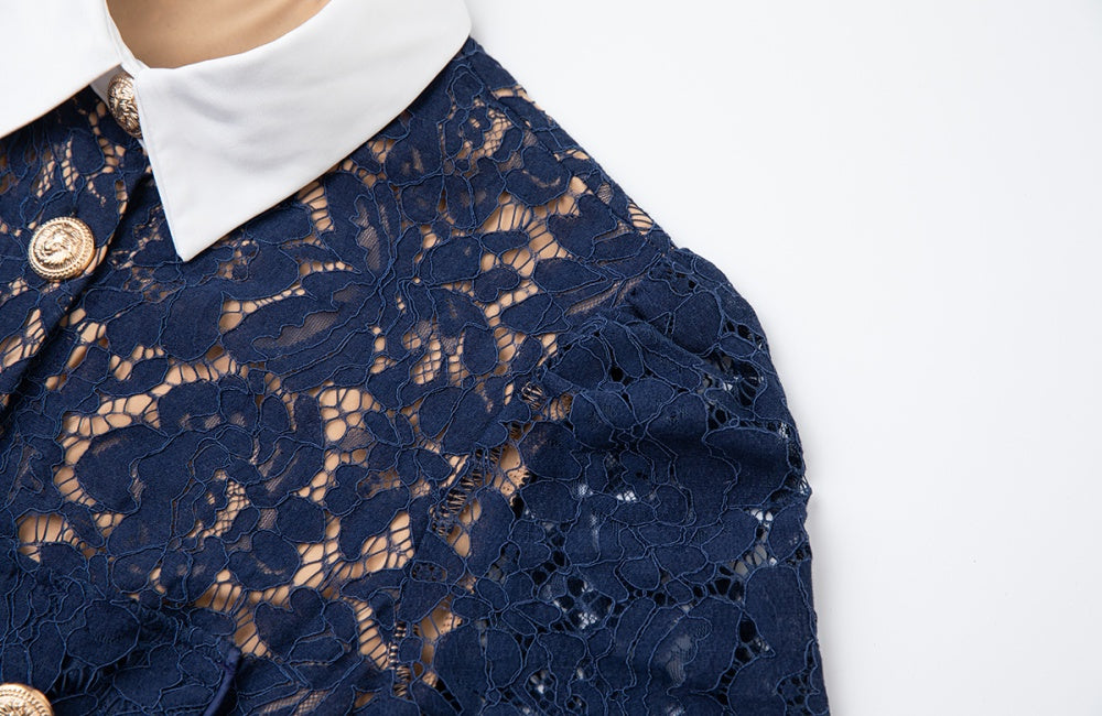 CM-DY050392 Women Elegant European Style Contrast Color Doll Collar Short Sleeve Lace Midi Dress - Blue