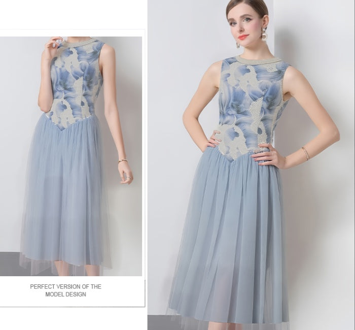 CM-DY051189 Women Elegant European Style Sequins Decor Round Neck Sleeveless Long Dress - Blue