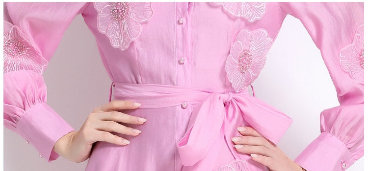 CM-DY051369 Women Elegant European Style Lapel Neckline Long Sleeve Floral Decor Pinched Waist Maxi Dress - Pink