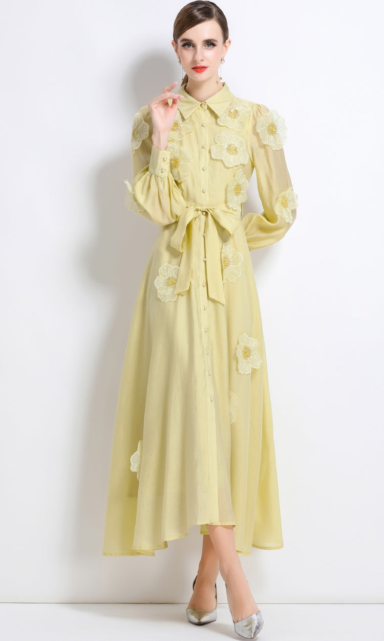 CM-DY051371 Women Elegant European Style Lapel Neckline Long Sleeve Floral Decor Pinched Waist Maxi Dress - Yellow