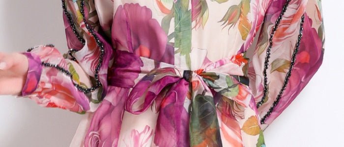 CM-DY051374 Women Trendy Bohemian Style Floral Print Collar Neckline Long Sleeve Maxi Dress