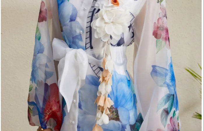 CM-DY051890 Women Elegant European Style All-Over Print Collar Neckline Long Sleeve Maxi Dress - White