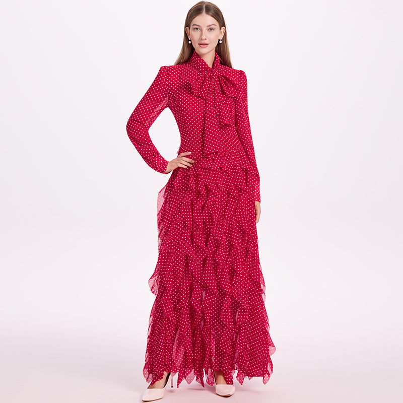 CM-DY052381 Women Elegant European Style Scarf Collar Long Sleeve Polka Dot Maxi Dress - Red