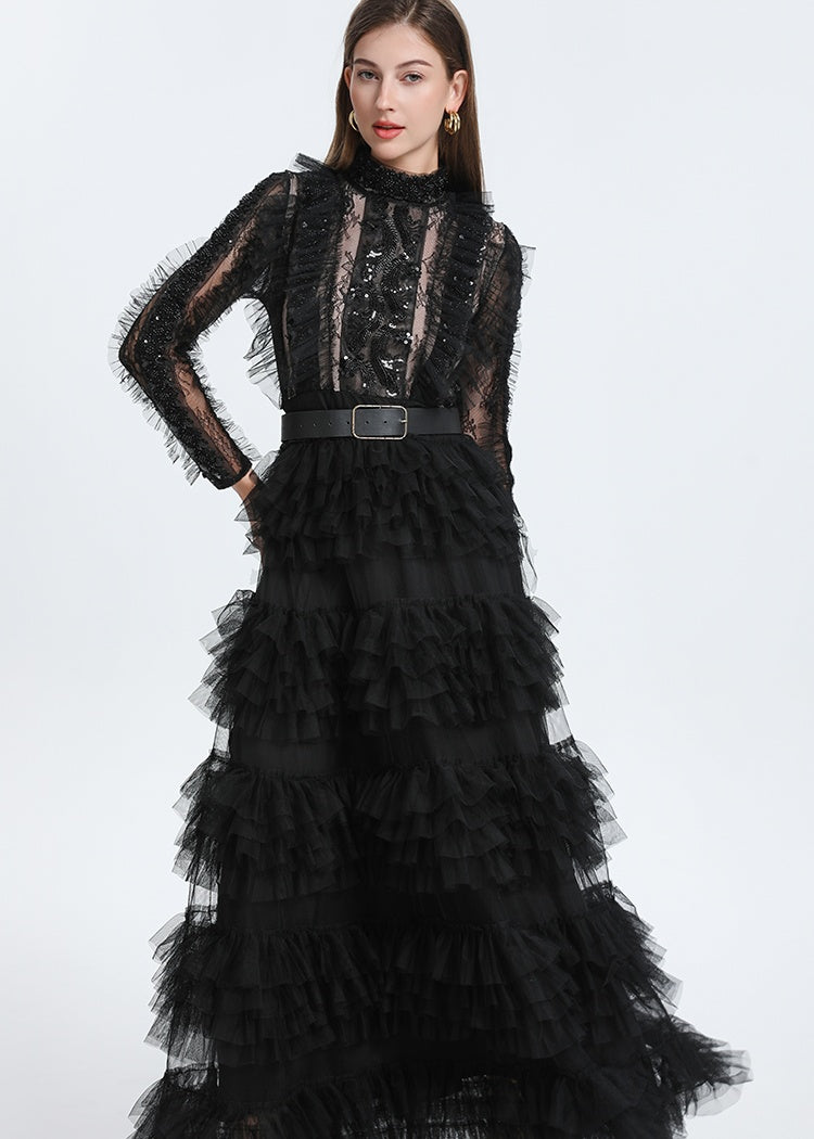 CM-DY052382 Women Elegant European Style Stand Collar Long Sleeve Belted Maxi Cupcake Dress - Black