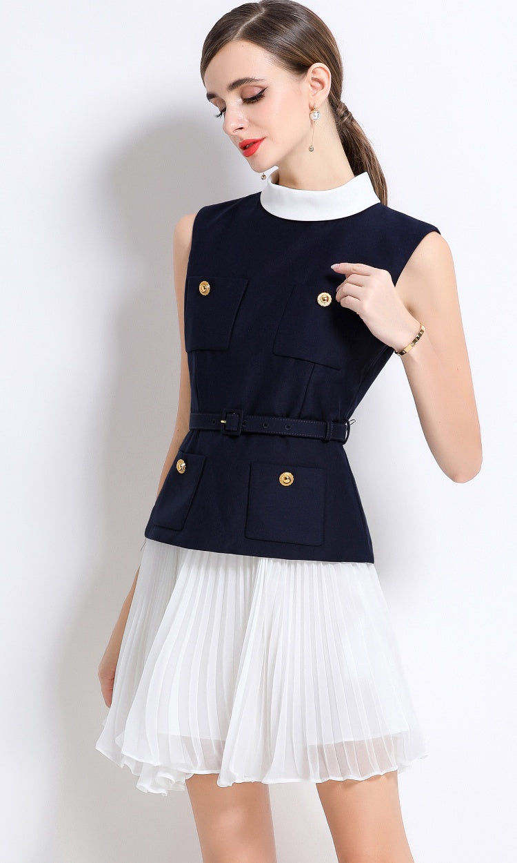 CM-DY053972 Women Elegant European Style Chiffon Round Neck Sleeveless High Waist Mini Dress - Navy Blue