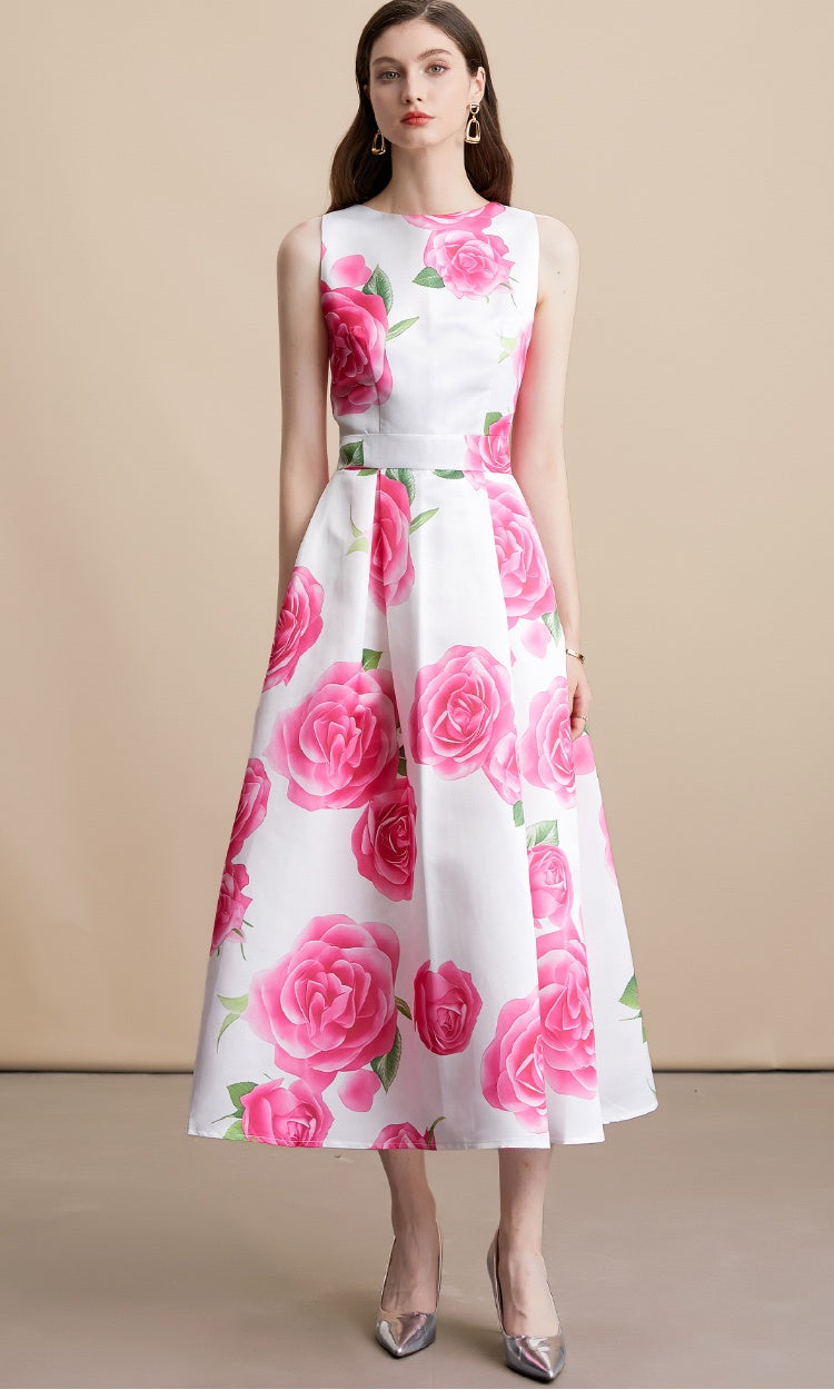 CM-DY054098 Women Elegant European Style Round Neck Sleeveless Pinched Waist A-Line Mid-Length Dress