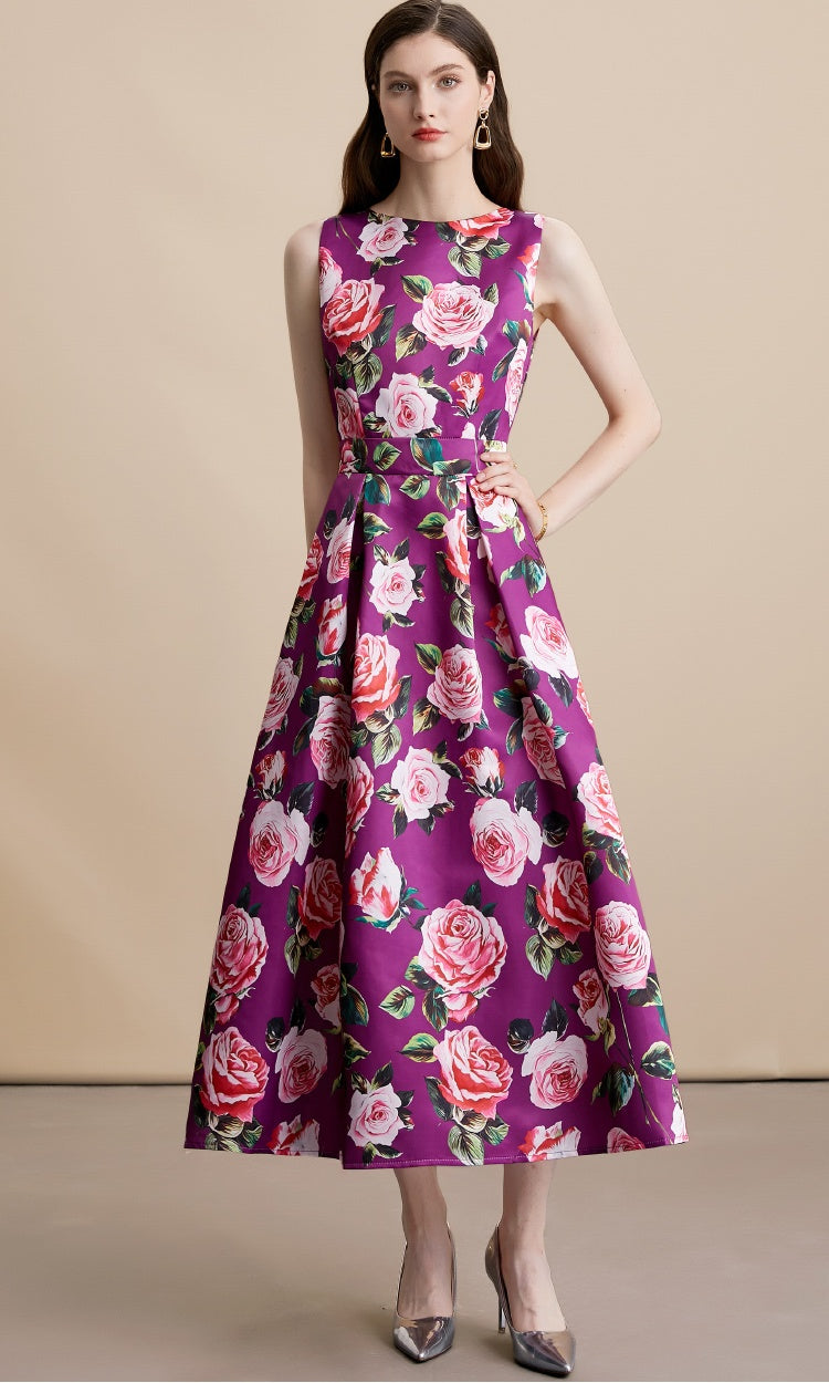 CM-DY054099 Women Elegant European Style Floral Print Round Neck Sleeveless Pinched Waist A-Line Dress