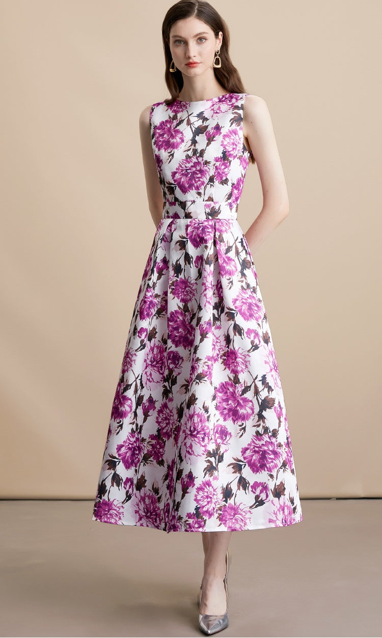 CM-DY054104 Women Elegant European Style Round Neck Sleeveless High Waist A-Line Mid-Length Dress