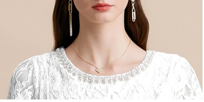 CM-DY054109 Women Elegant European Style Diamond Pearl Decor Round Neck Short Sleeve Midi Dress - White