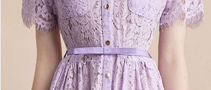 CM-DY054180 Women Elegant European Style Round Neck Short Sleeve Belted Mid-Length Dress - Purple