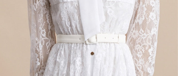 CM-DY054190 Women Elegant European Style Tie Neck Long Sleeve High Waist Mid-Length Dress - White