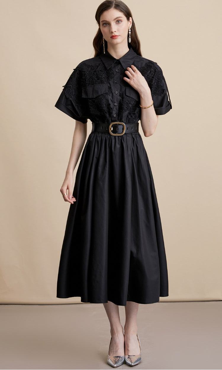 CM-DY054192 Women Elegant European Style Lace Collar Neckline Short Sleeve Pinched Waist Midi Dress - Black
