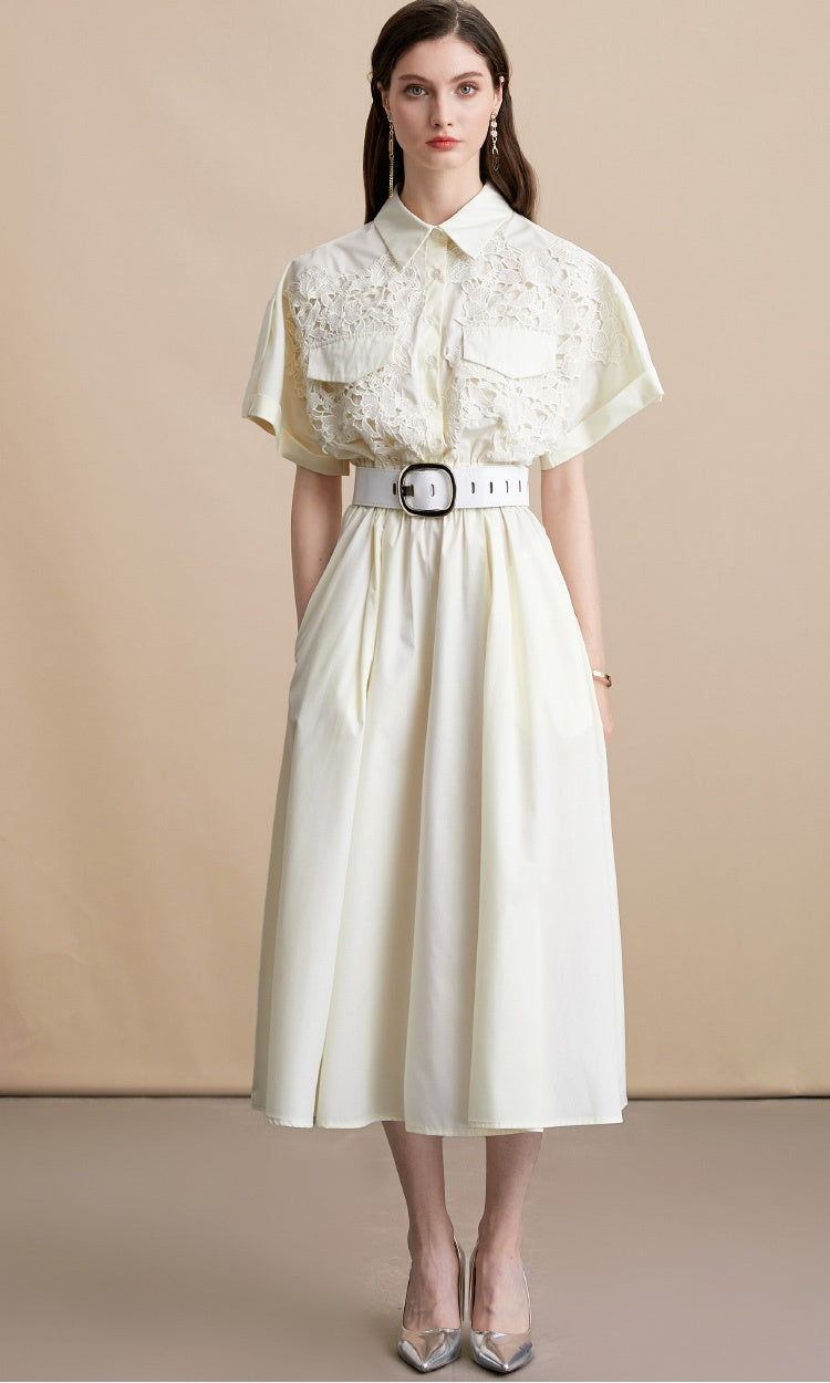CM-DY054193 Women Elegant European Style Lace Collar Neckline Short Sleeve Pinched Waist Midi Dress - Apricot