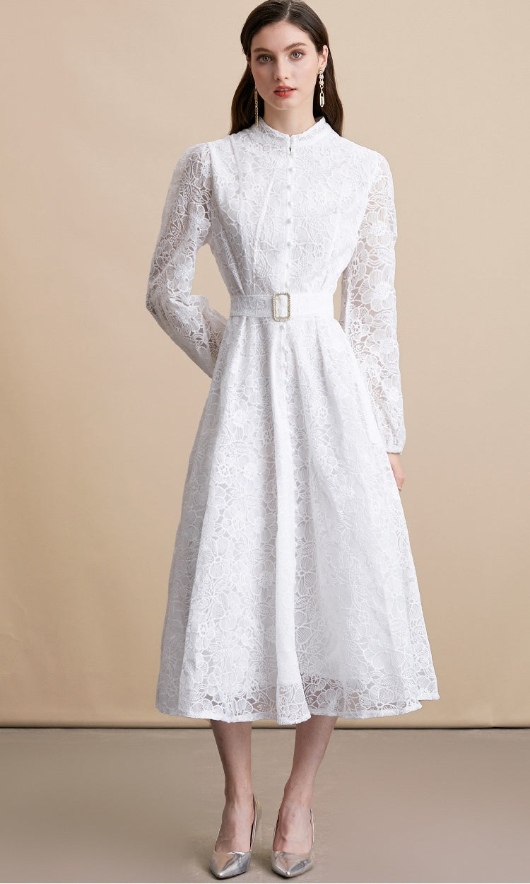 CM-DY054195 Women Elegant European Style Lace Embroidery Stand Collar Long Sleeve Belted MIdi Dress - White