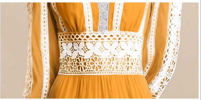 CM-DY054199 Women Elegant European Style Embroidery V-Neck Long Sleeve Pinched Waist Maxi Dress - Yellow