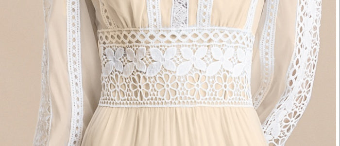 CM-DY054271 Women Elegant European Style Embroidery V-Neck Long Sleeve Pinched Waist Maxi Dress - Apricot