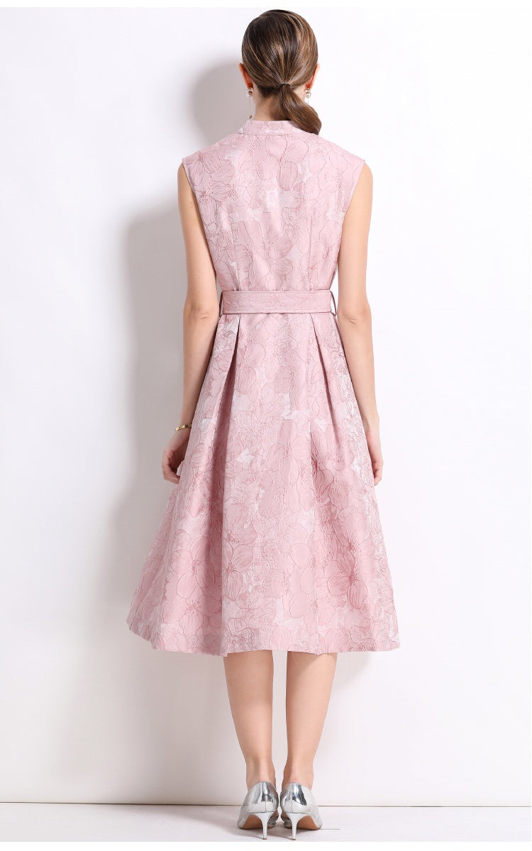 CM-DY054301 Women Elegant European Style Stand Collar Sleeveless Slim Mid-Length Dress - Pink