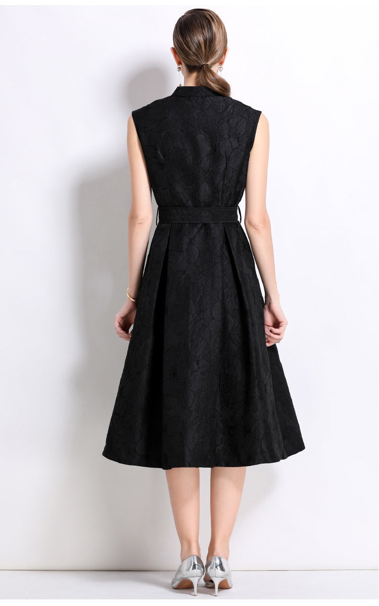 CM-DY054302 Women Elegant European Style Stand Collar Sleeveless Slim Mid-Length Dress - Black