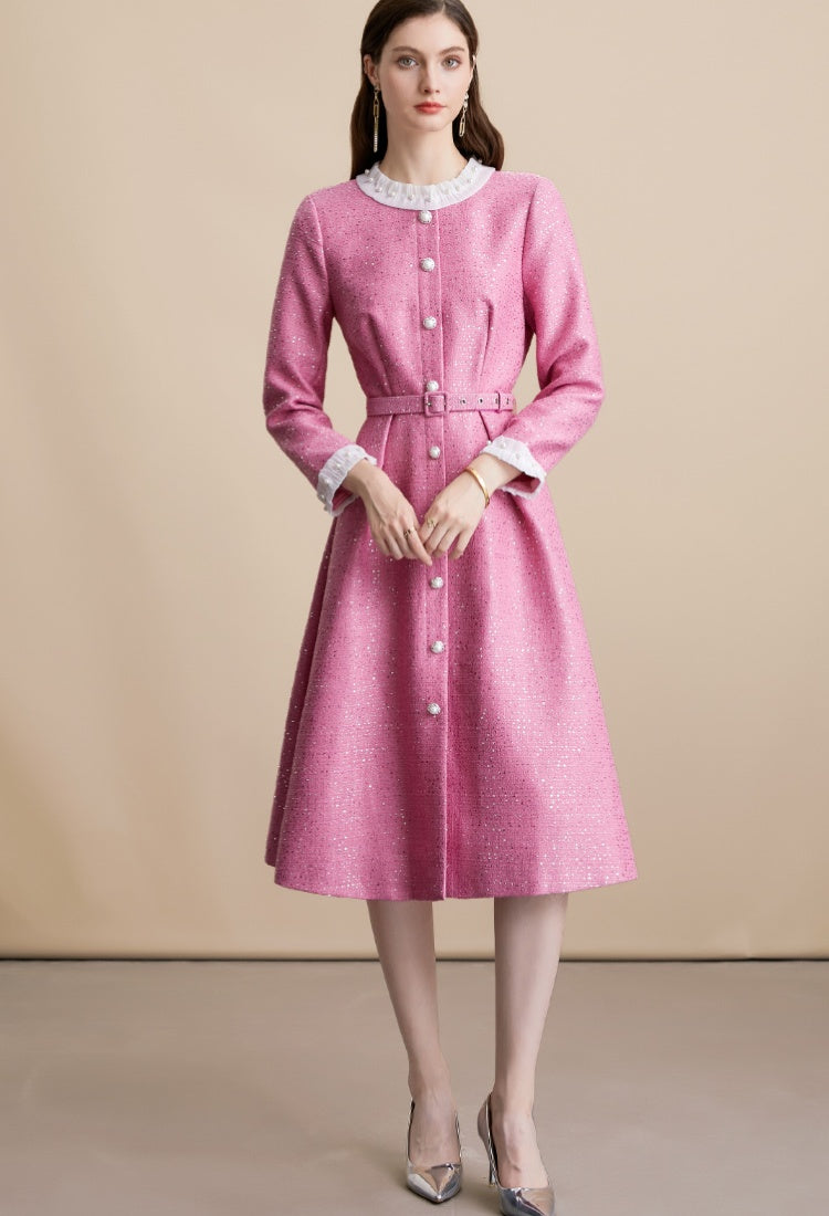 CM-DY055096 Women Elegant European Style Single-Breasted Round Neck Long Sleeve Belted Mid-Length Dress - Pink