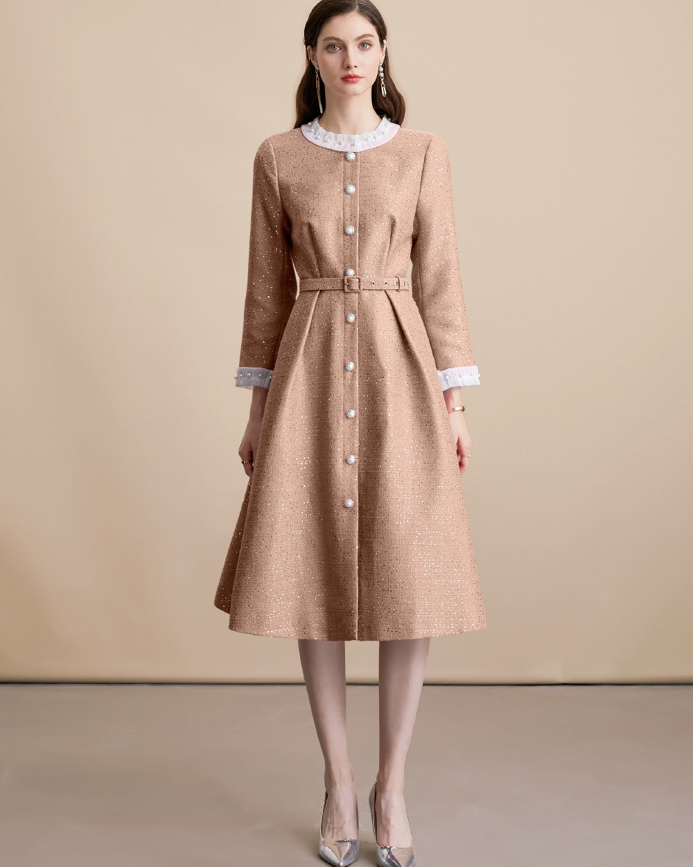 CM-DY055097 Women Elegant European Style Single-Breasted Round Neck Long Sleeve Belted Mid-Length Dress - Khaki
