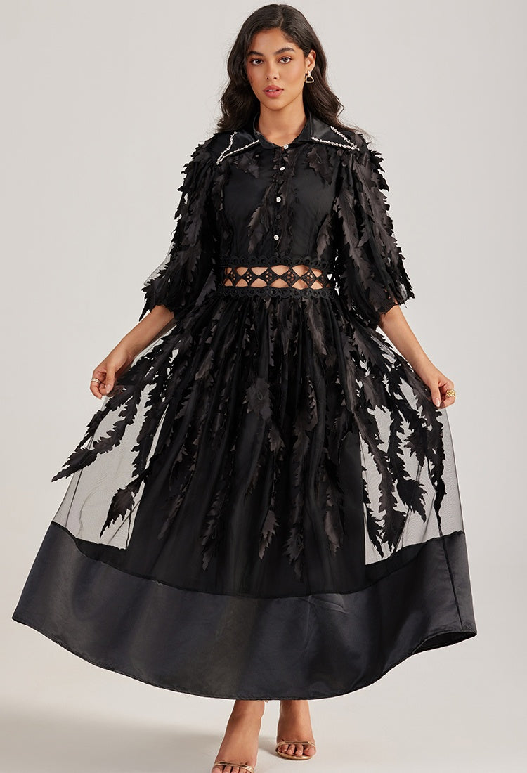 CM-DY055505 Women Elegant European Style Collar Rhinestone Neckline Half Sleeve Hollow Out Long Dress - Black