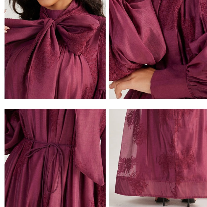 CM-DY055506 Women Elegant European Style Tie Neckline Lantern Sleeve Long Dress (Available in 2 colors)