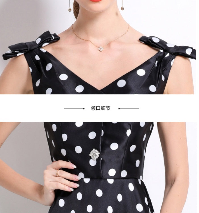 CM-DY055997 Women Elegant European Style V-Neck Sleeveless Bow Rhinestone Decor Mid-Length A-Line Dress - Black