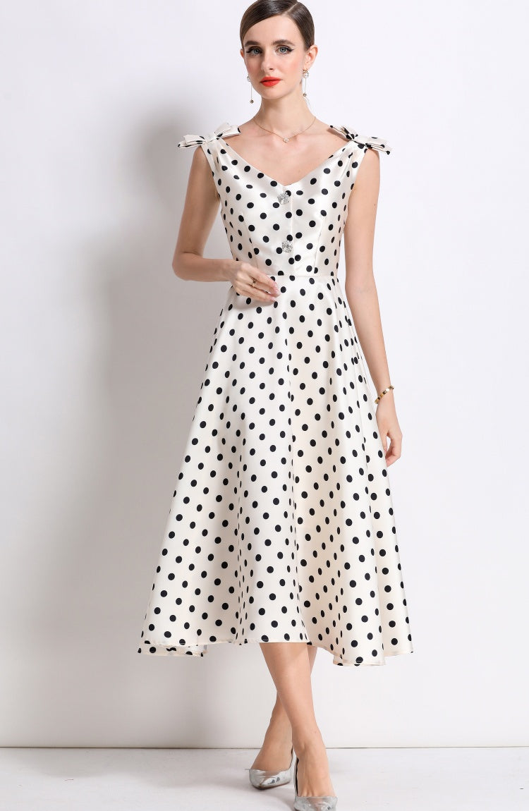 CM-DY055998 Women Elegant European Style V-Neck Sleeveless Bow Rhinestone Decor Mid-Length A-Line Dress - Apricot