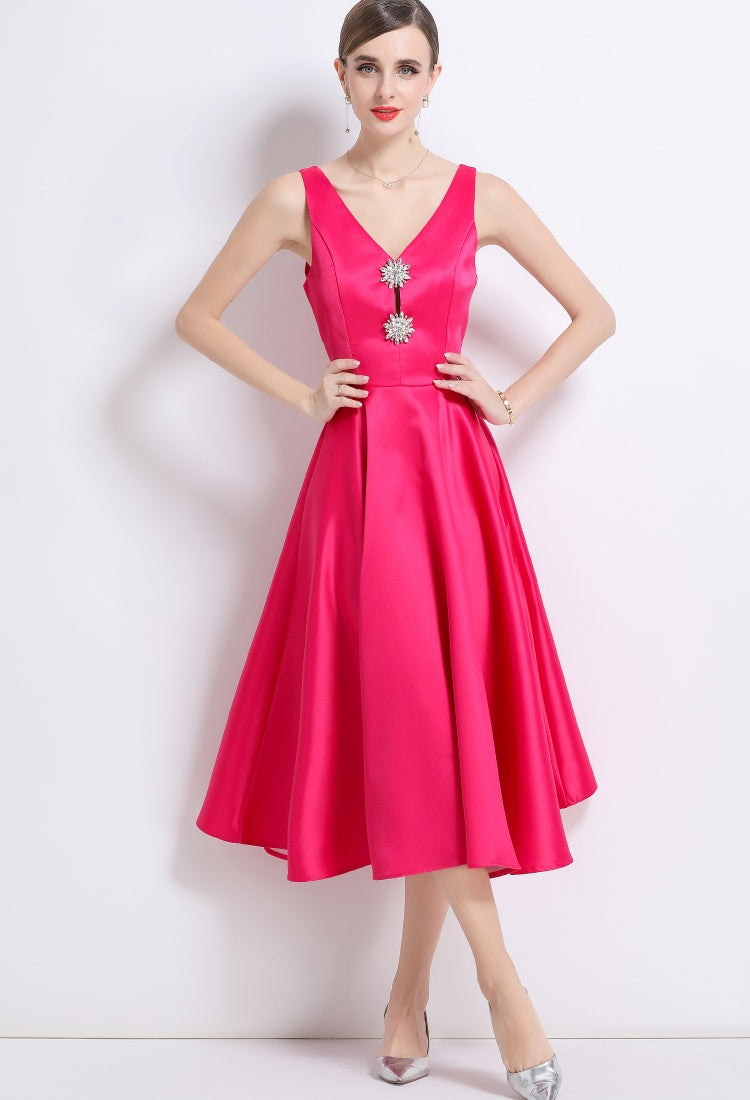 CM-DY056001 Women Elegant European Style V-Neck Sleeveless Pinched Waist Slim Midi Dress - Rose Red