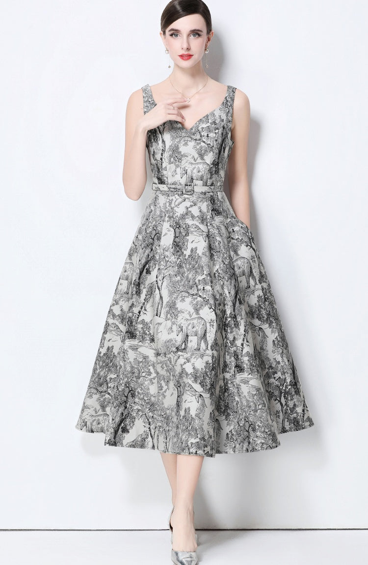 CM-DY056633 Women Elegant European Style V-Neck Sleeveless Belted Slim Pinched Waist Midi Dress