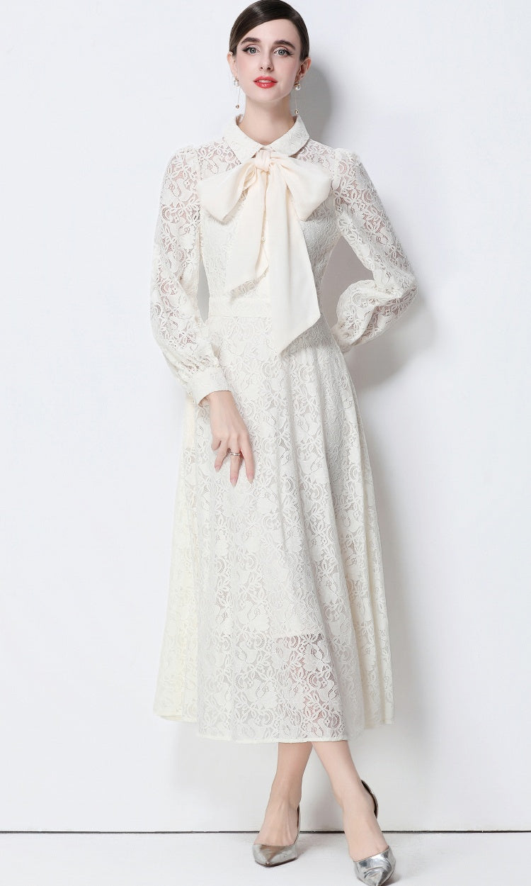 CM-DY056635 Women Elegant European Style Collar Tie Neckline Long Sleeve High Waist Midi Dress - Apricot
