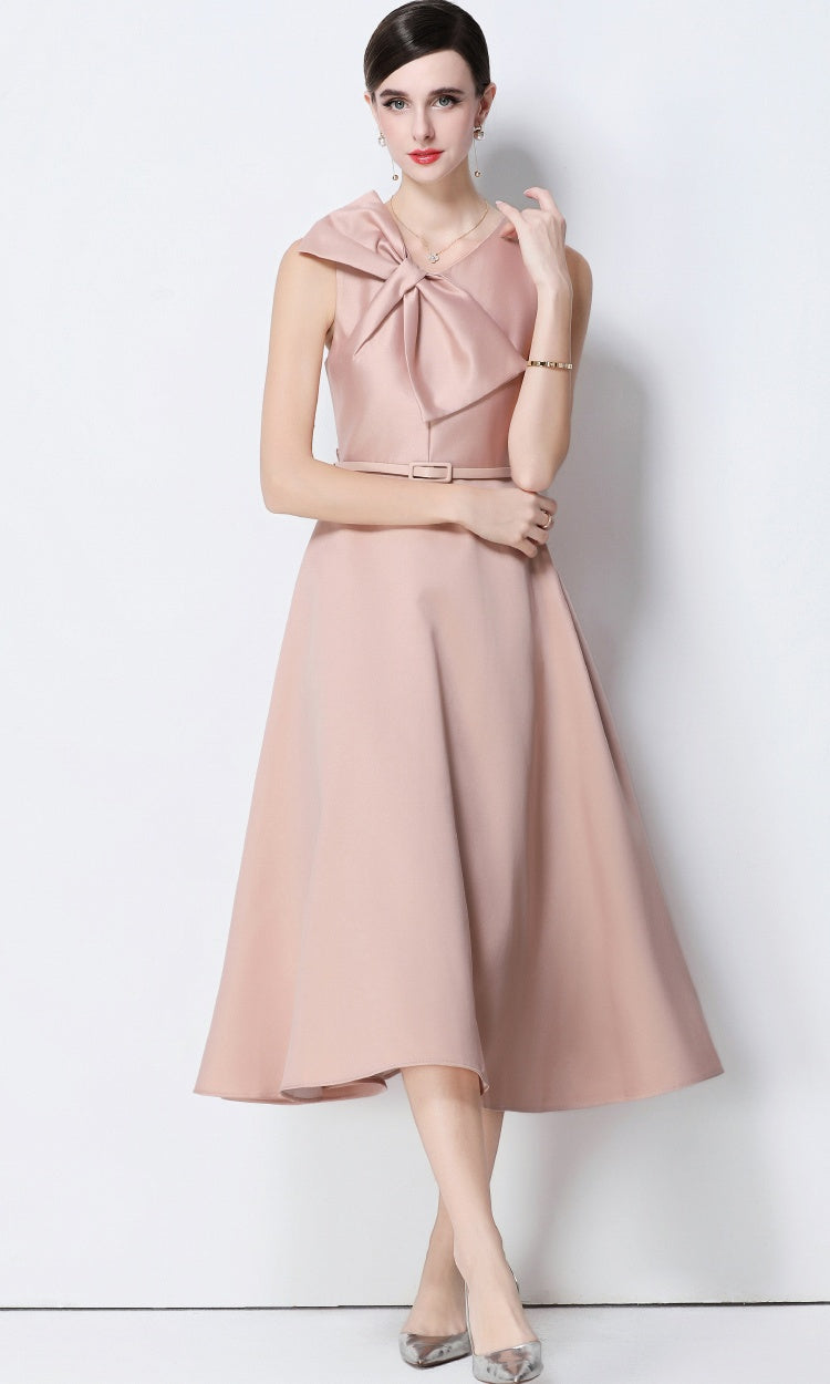 CM-DY056637 Women Elegant European Style V-Neck Sleeveless Belted Pinched Waist Midi Dress - Pink