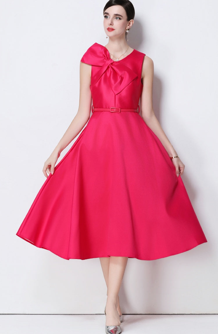 CM-DY056639 Women Elegant European Style V-Neck Sleeveless Belted Pinched Waist Midi Dress - Rose Red