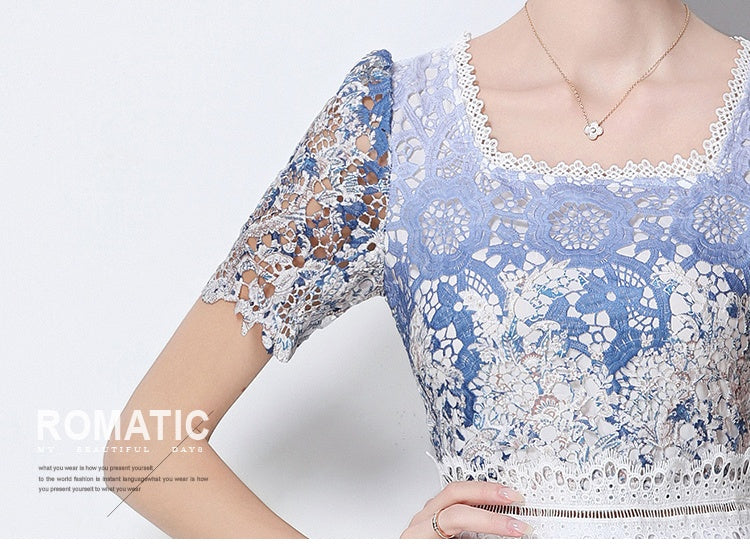 CM-DY056653 Women Elegant European Style Square Collar Short Sleeve Lace Hollow Out Slim Mid-Length Dress - Blue