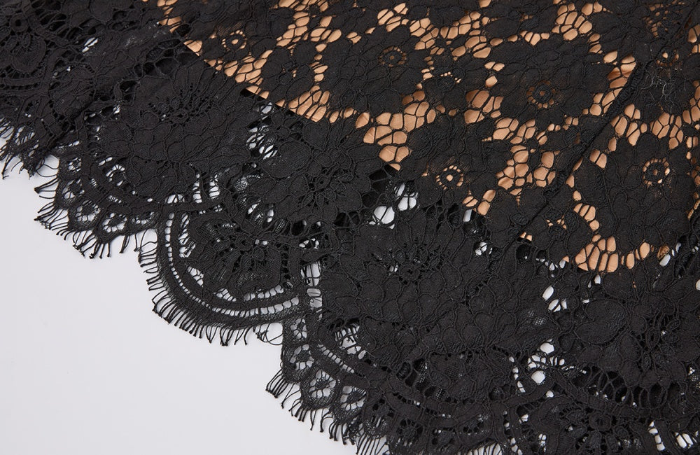 CM-DY057615 Women Elegant European Style V-Neck Short Sleeve Lace High Waist Long Dress - Black