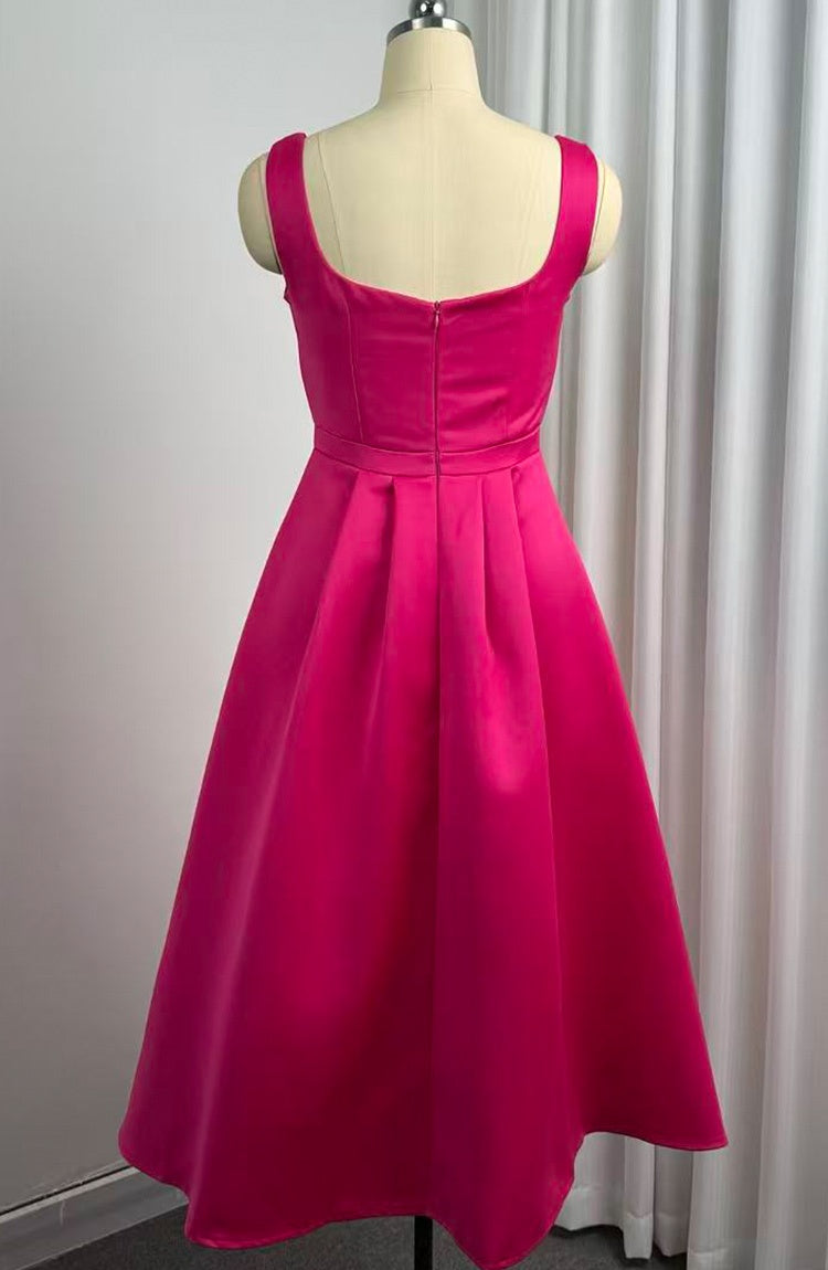 CM-DY057618 Women Elegant European Style Square Collar Sleeveless Pinched Waist Mid-Length Dress - Rose Red