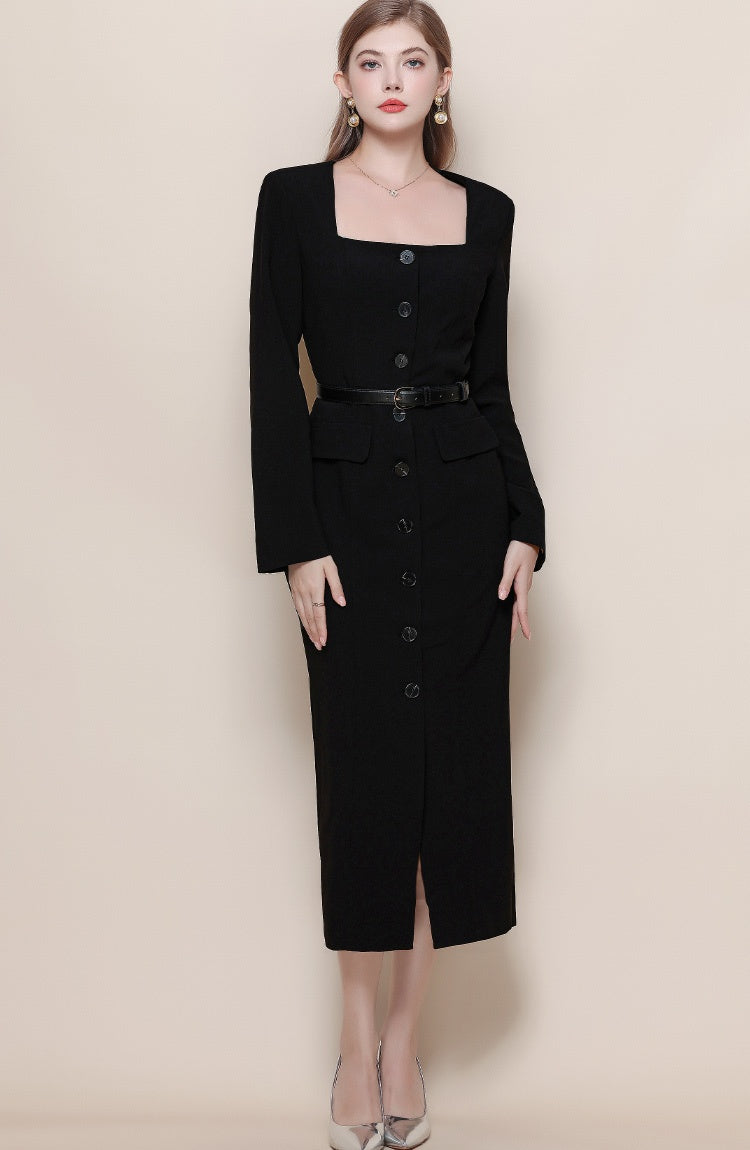 CM-DY057625 Women Elegant European Style Square Collar Long Sleeve High Waist Midi Dress - Black